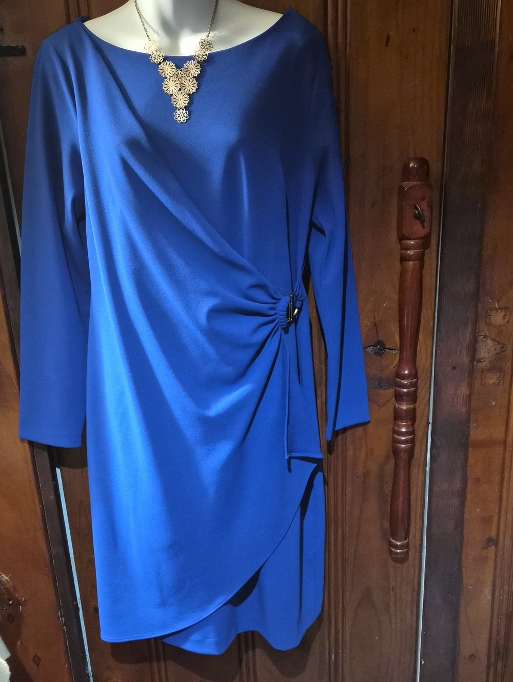 DKNY Royal Blue Long Sleeve Draped Side-Ring Dress